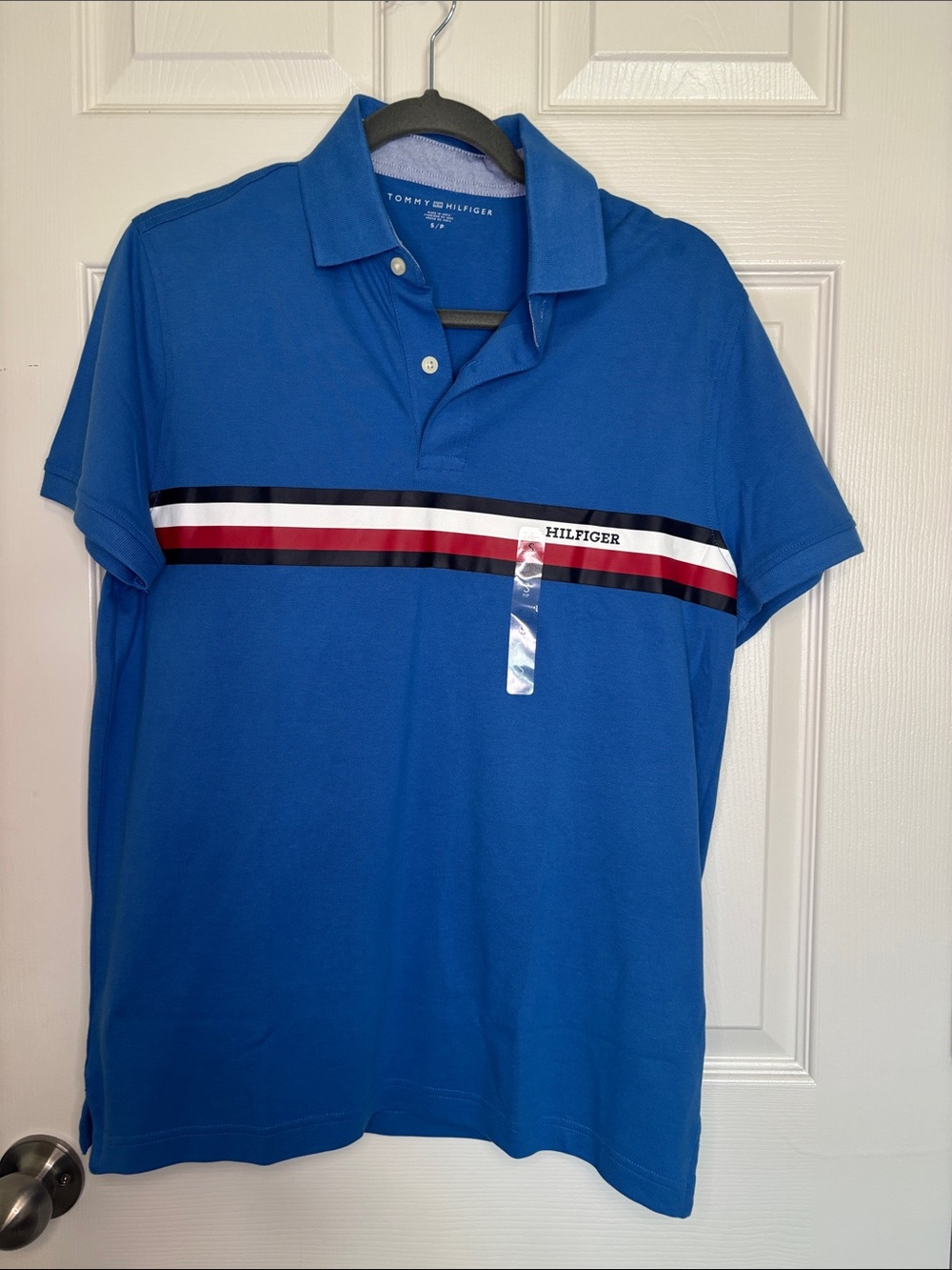 Tommy Hilfiger Men’s Royal Blue Polo with Red, White & Black Stripe Size S NWT